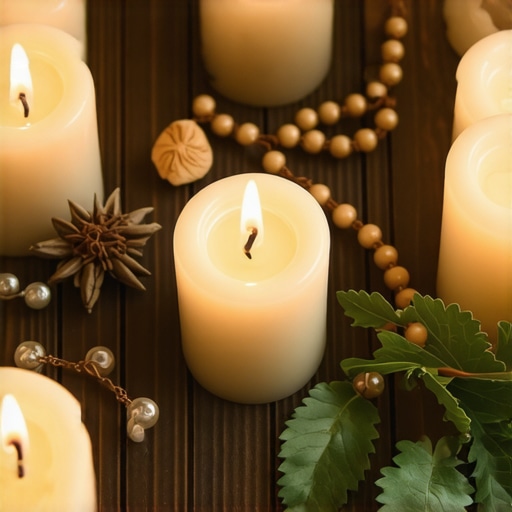 Spiritual protection ritual setup with candles and herbs.