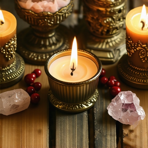 Protection ritual with candles, amulets, and crystals in a sacred space