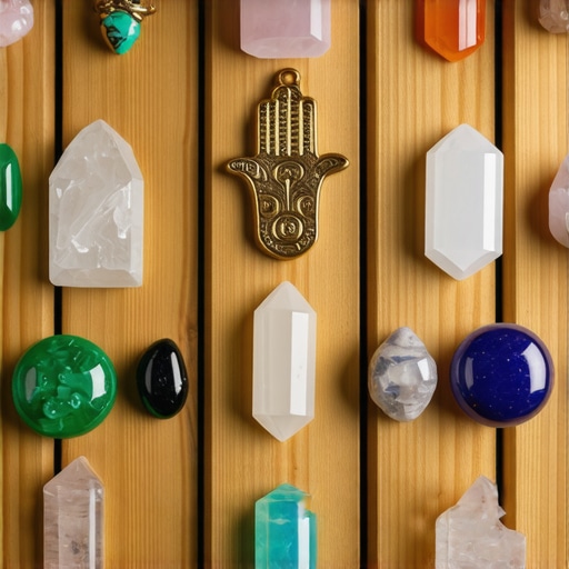 Kolekcija amajlija i talismana iz različitih kultura, uključujući Hamsu i Nazar, prikazana na drvenoj površini sa nježnim svjetlom.