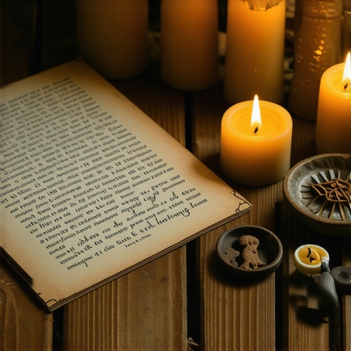 Spiritual Love Ritual Setup A peaceful scene with candles, symbols, and writing materials for love rituals.