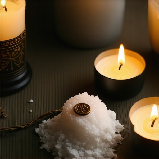 Traditional Protective Ritual Setup Setup for protecting against evil eye with candles, salt, water, and amulet