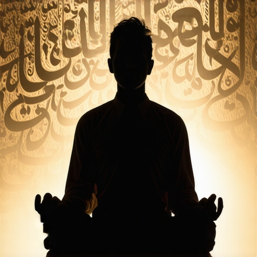 Slika osobe u mirnoj meditaciji s pozadinskim kaligrafskim prikazima Allahovih imena, simbolizirajući snagu i zaštitu.