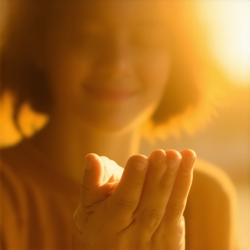 Osoba vizualizira finansijsko obilje s osmijehom, osjećajući slobodu i radost, okružena zlatnom energijom.